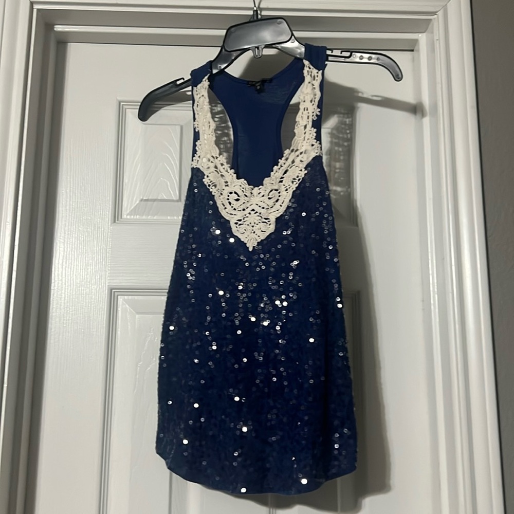 Sz XS blue racer back sequin and lace tank top